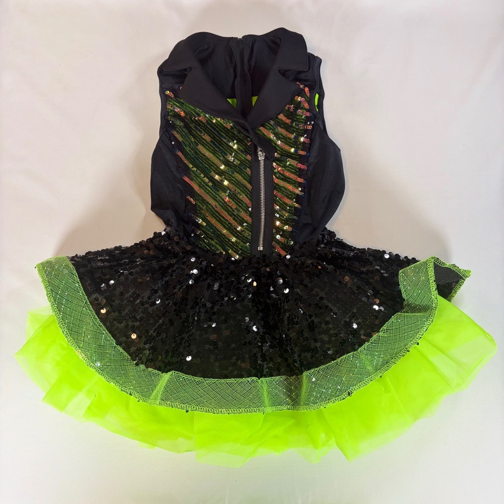 Weissman Kids Sequin Dance Costume‎ Neon Green Black Jazz Tutu Dress MC